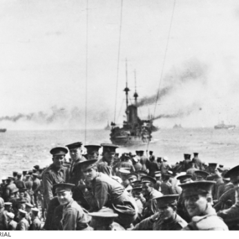 AWM A02468 -Troops of the 11th Battalion and 1st Field Company Australian Engineers assembled on the forecastle of HMS London, part of the fleet which carried the Australians from Lemnos for the Gallipoli landing at Anzac Cove. HMS Bacchante is steaming ahead. Photo taken by Ashmead-Bartlett, Ellis