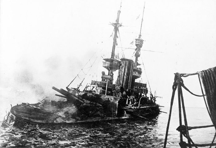 HMS 'Irresistible' abandoned 18th March 1915 -Photo published in The War Illustrated, 1 May 1915.