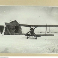 A BE2e aircraft of No 7 (Training) Squadron, Australian Flying Corps (AFC), in the snow at Leighterton aerodrome, England.
