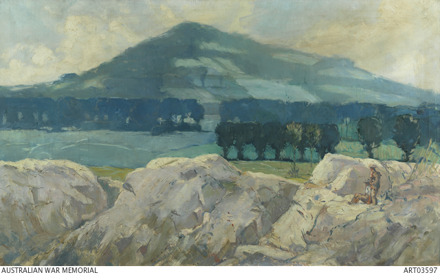 Painting By George Courtney Benson it depicts a landscape, with two soldiers in the foreground, at Hill 60, one seated, one standing, trees in a field in the middle ground and Mount Kemmel, Ypres Area, Western Front, during the First World War.