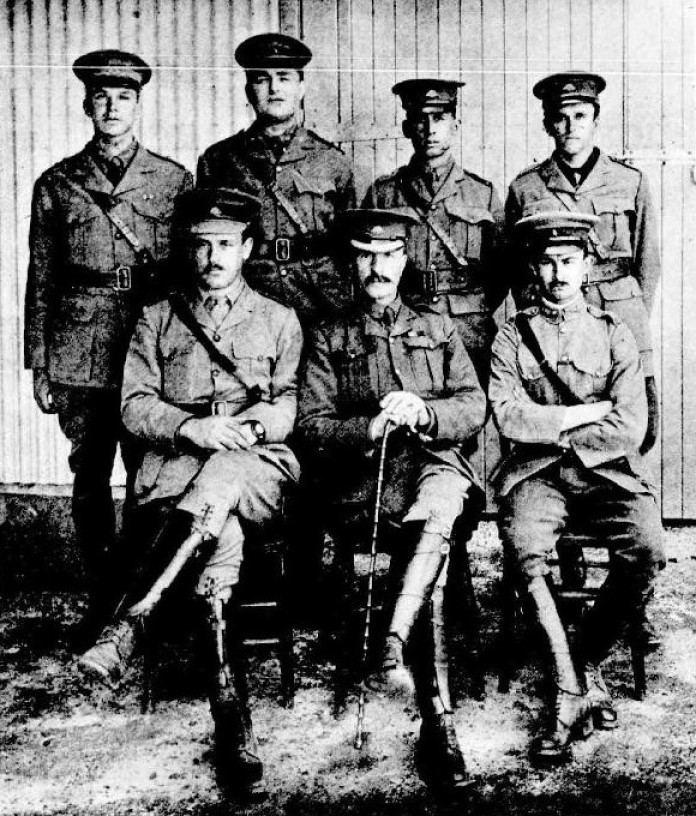 N.S.W. Engineer Officers in October 1914, shortly before embarking for overseas. Back row: Lieuts. Noel Ernest Biden [DoD 21.12.1915], Henry Bachtold, Richard John Dyer, Clive Nelson Reynolds Huntley [KIA 04.05.1915]; Front row: Captain James Monteagu Christian Corlette, Major John Patrick Lawton McCall, Lieut. Leslie Mather [Suicide 23.01.1919]. http://nla.gov.au/nla.news-article263755046
